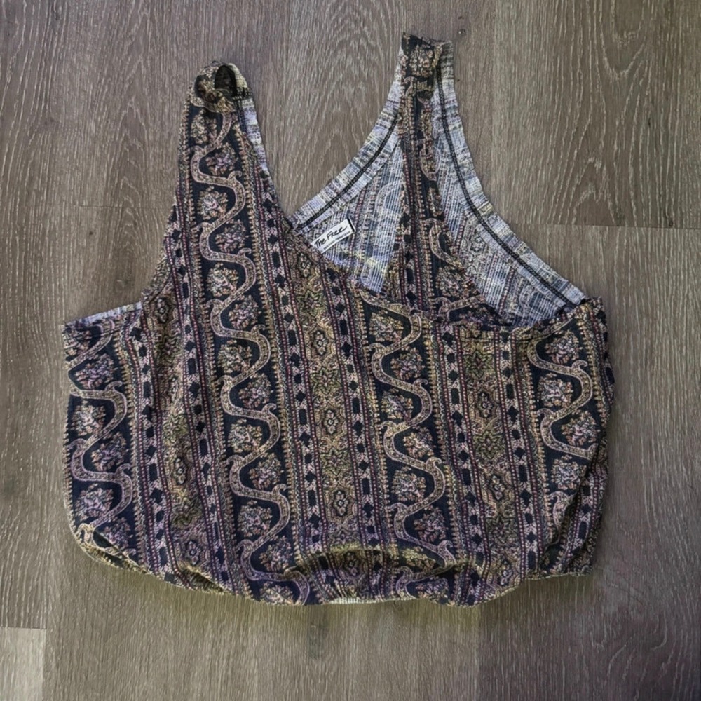 We The Free Your Twisted Top Womens XS Multicolor Paisley Ribbed Knit Bubble Hem